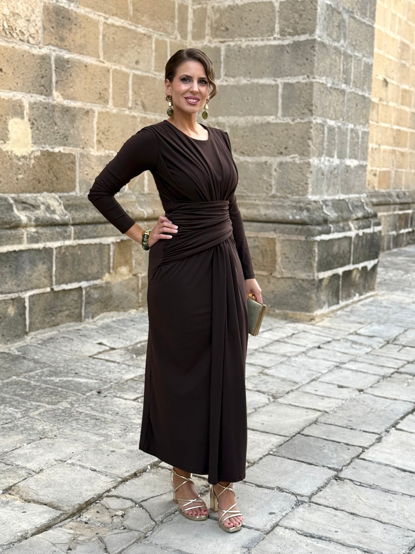 Vestido Marrón Drapeado en la cintura