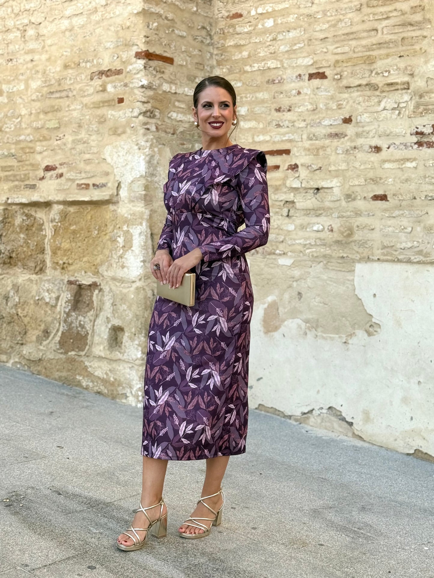 Vestido Midi Morado Estampado Hojas