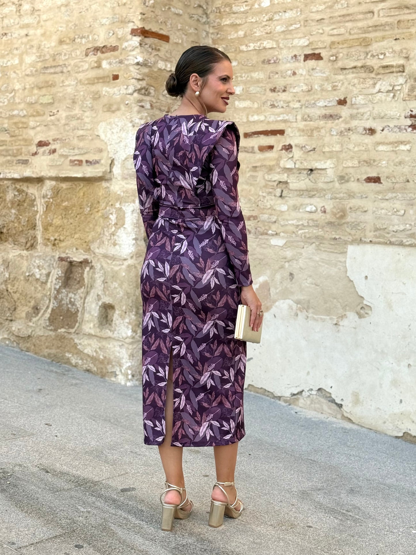Vestido Midi Morado Estampado Hojas
