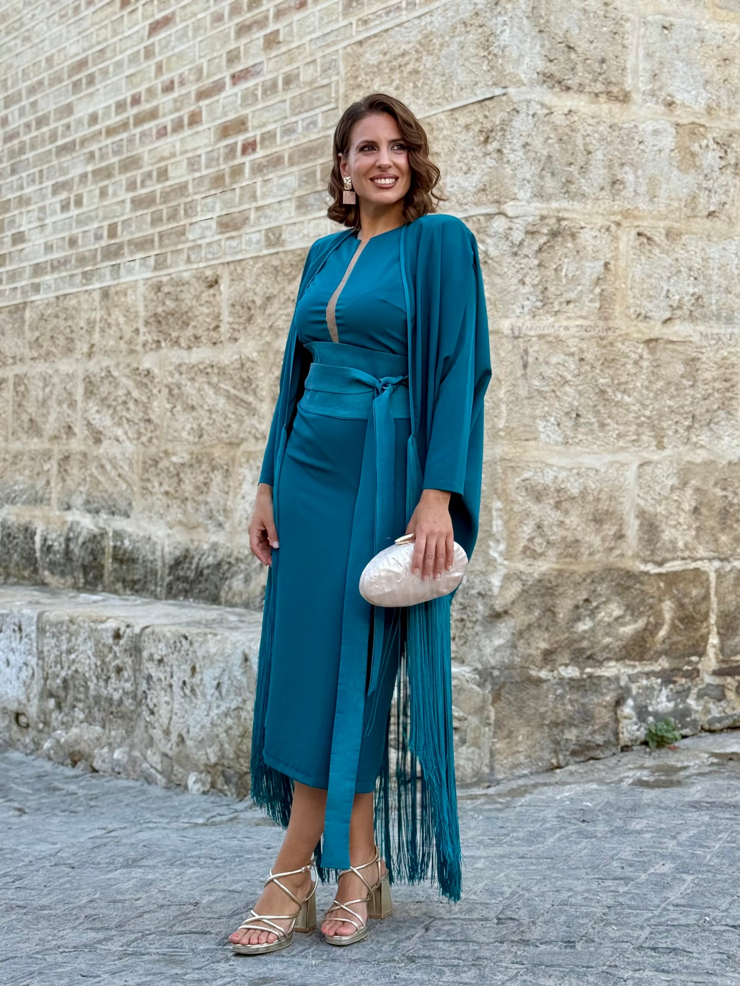 Vestido Andalus Turquesa con Capa de Flecos