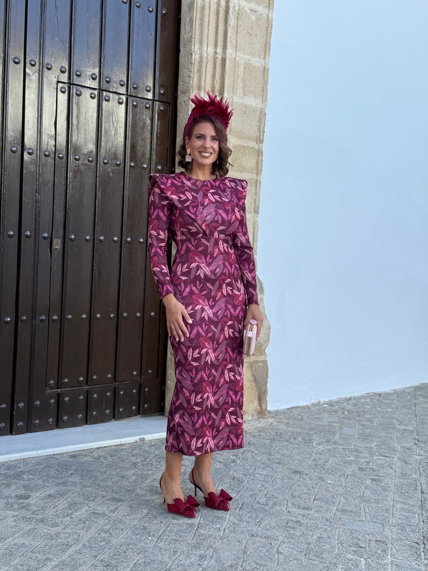 Vestido Midi Burdeos Estampado Hojas