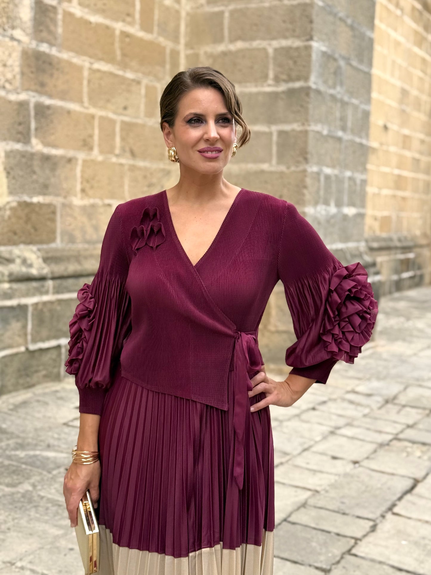 Vestido Adriana Burdeos/Beige