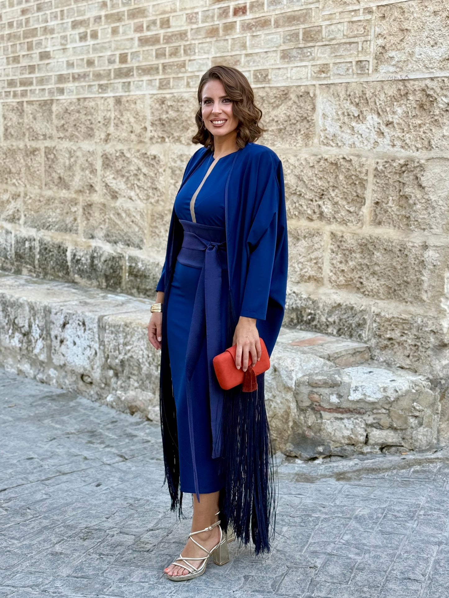 Vestido Andalus Marino con Capa de Flecos