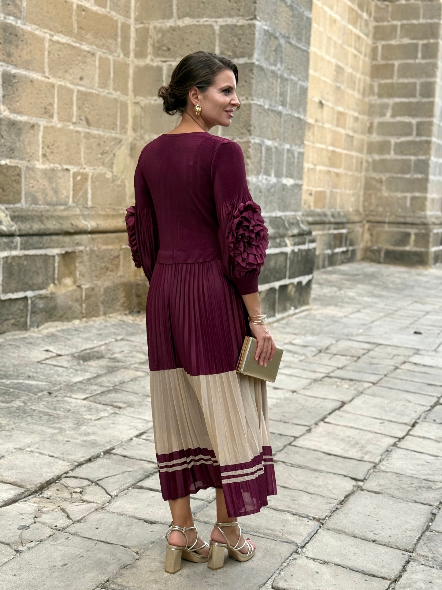 Vestido Adriana Burdeos/Beige