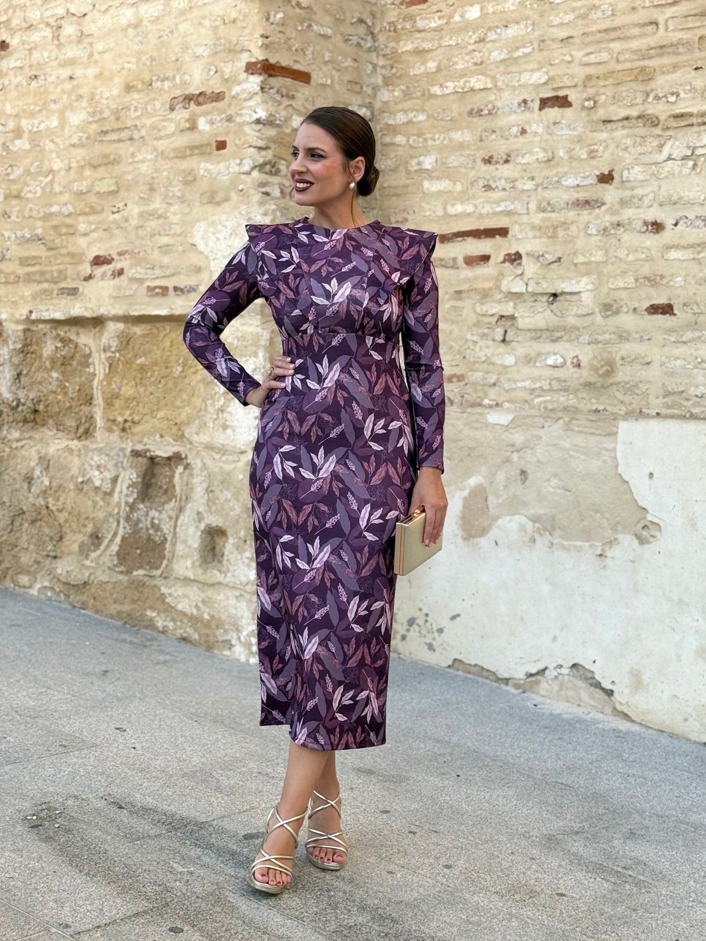 Vestido Midi Morado Estampado Hojas