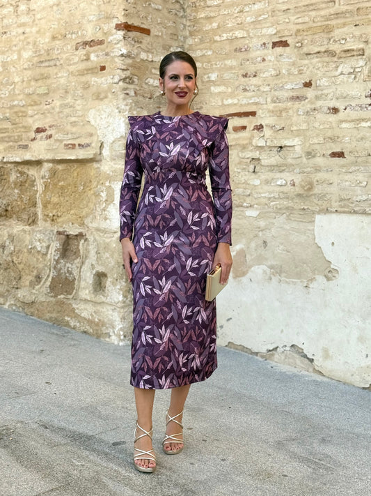 Vestido Midi Morado Estampado Hojas