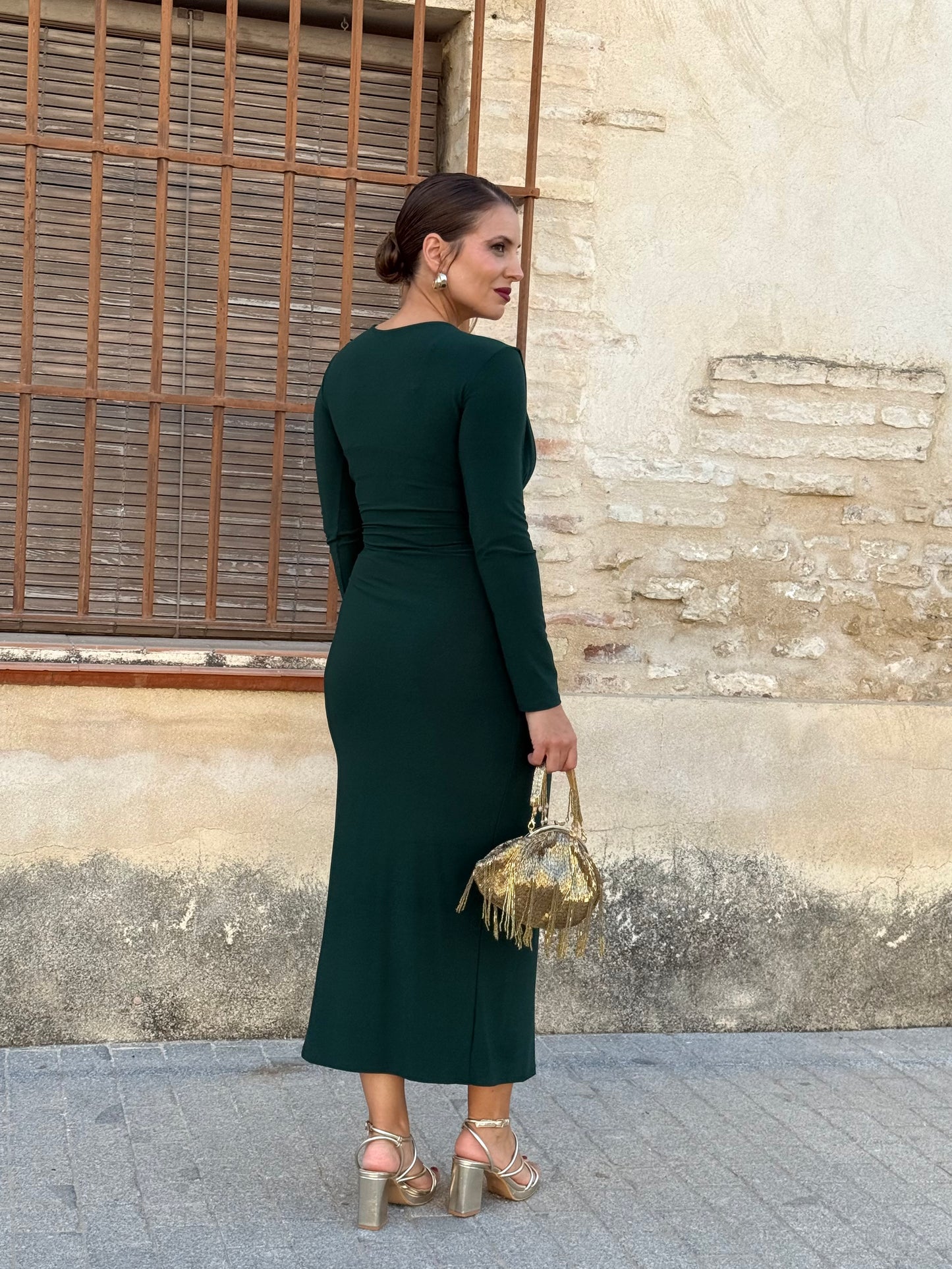 Vestido Verde Drapeado en la Cintura
