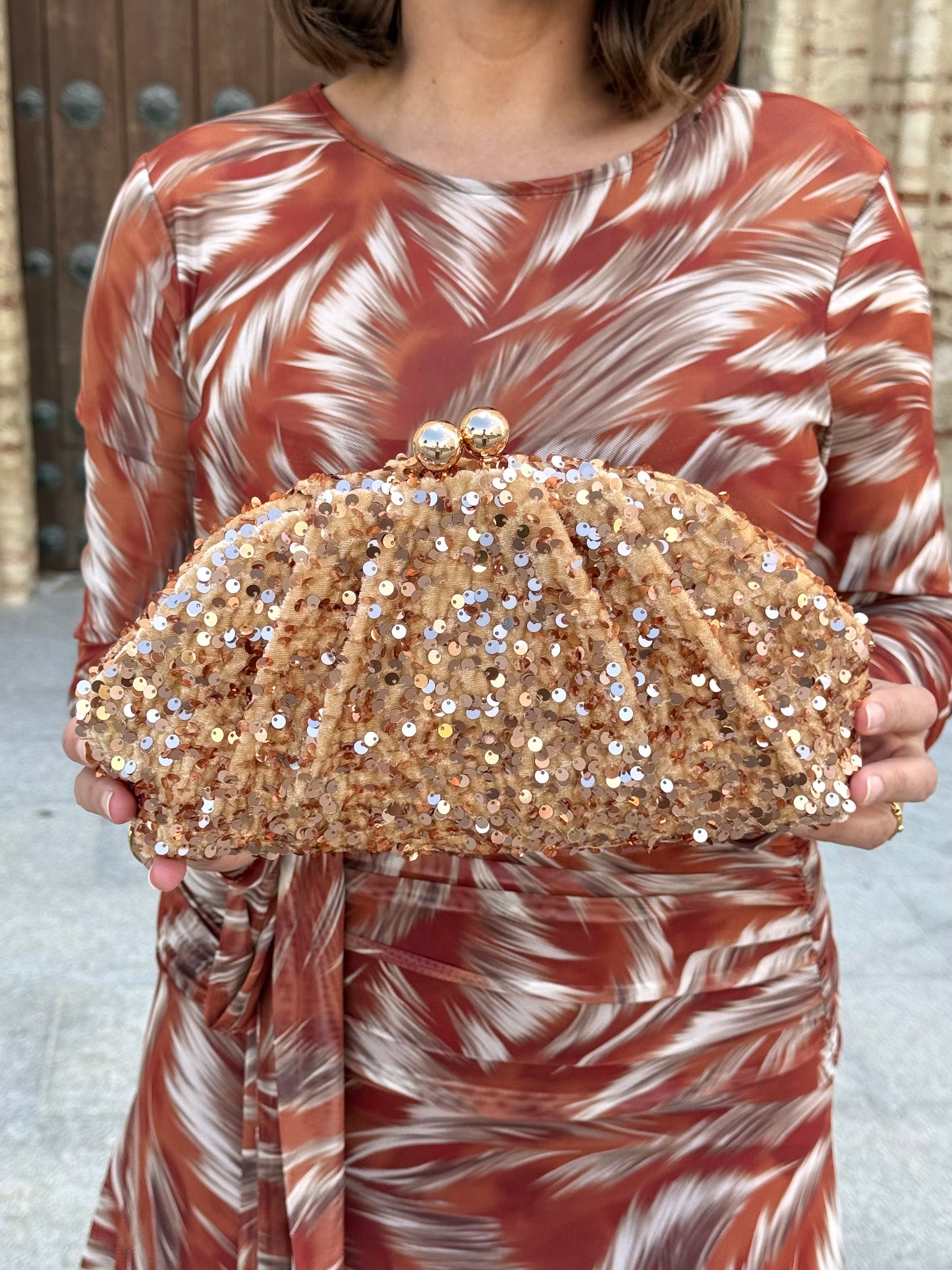 Bolso Clutch de Terciopelo/Lentejuelas Beige/Dorado