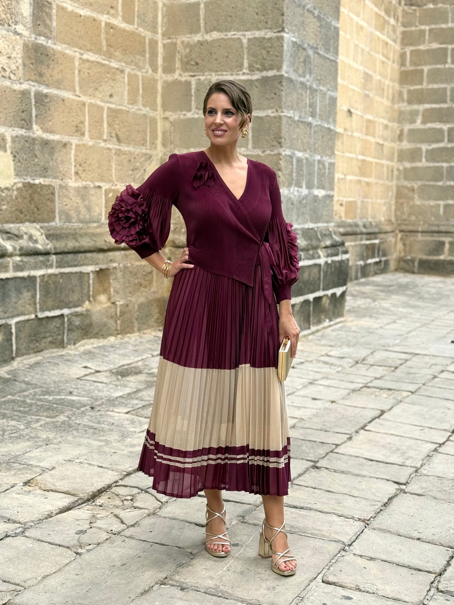 Vestido Adriana Burdeos/Beige
