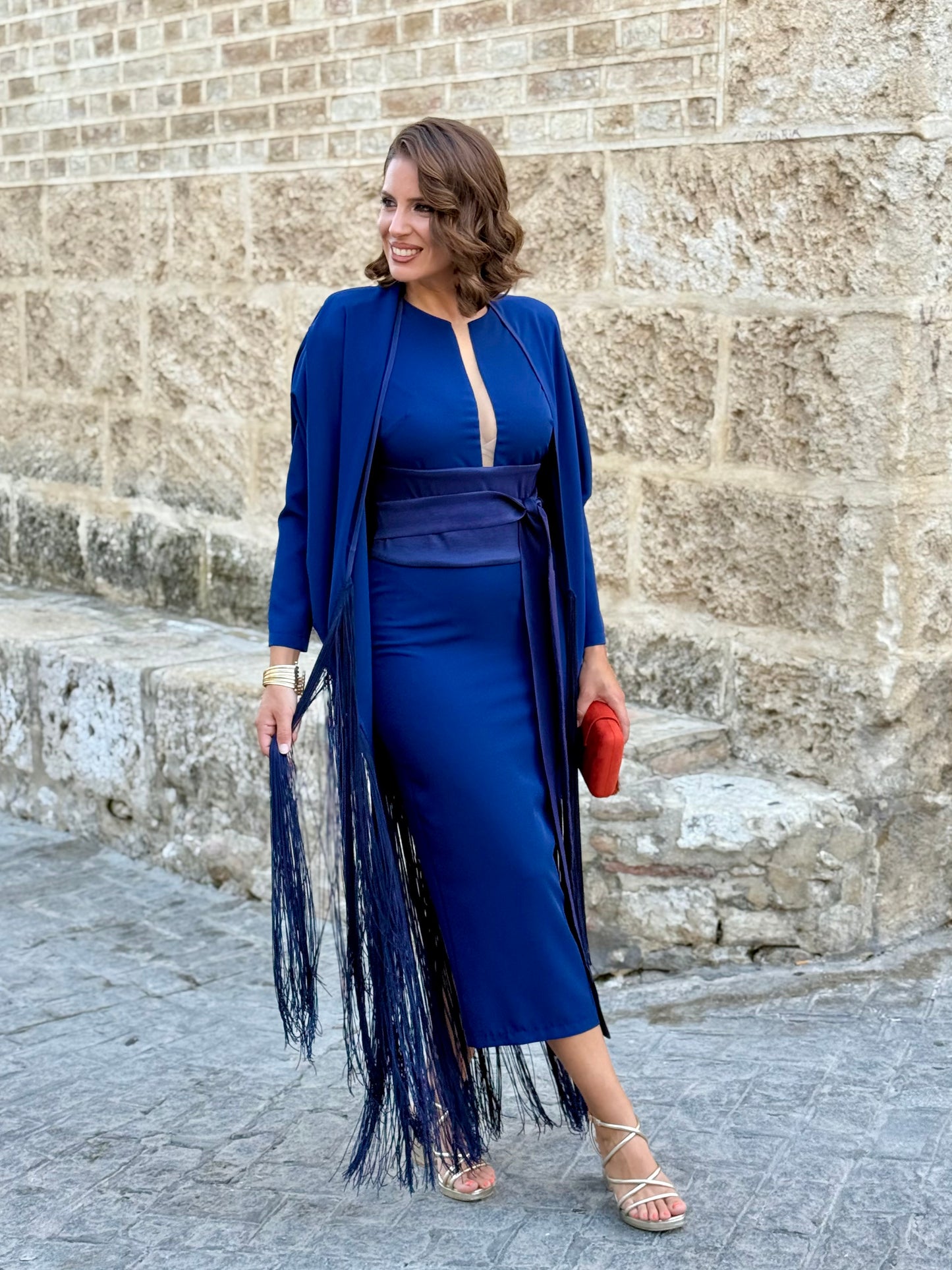 Vestido Andalus Marino con Capa de Flecos