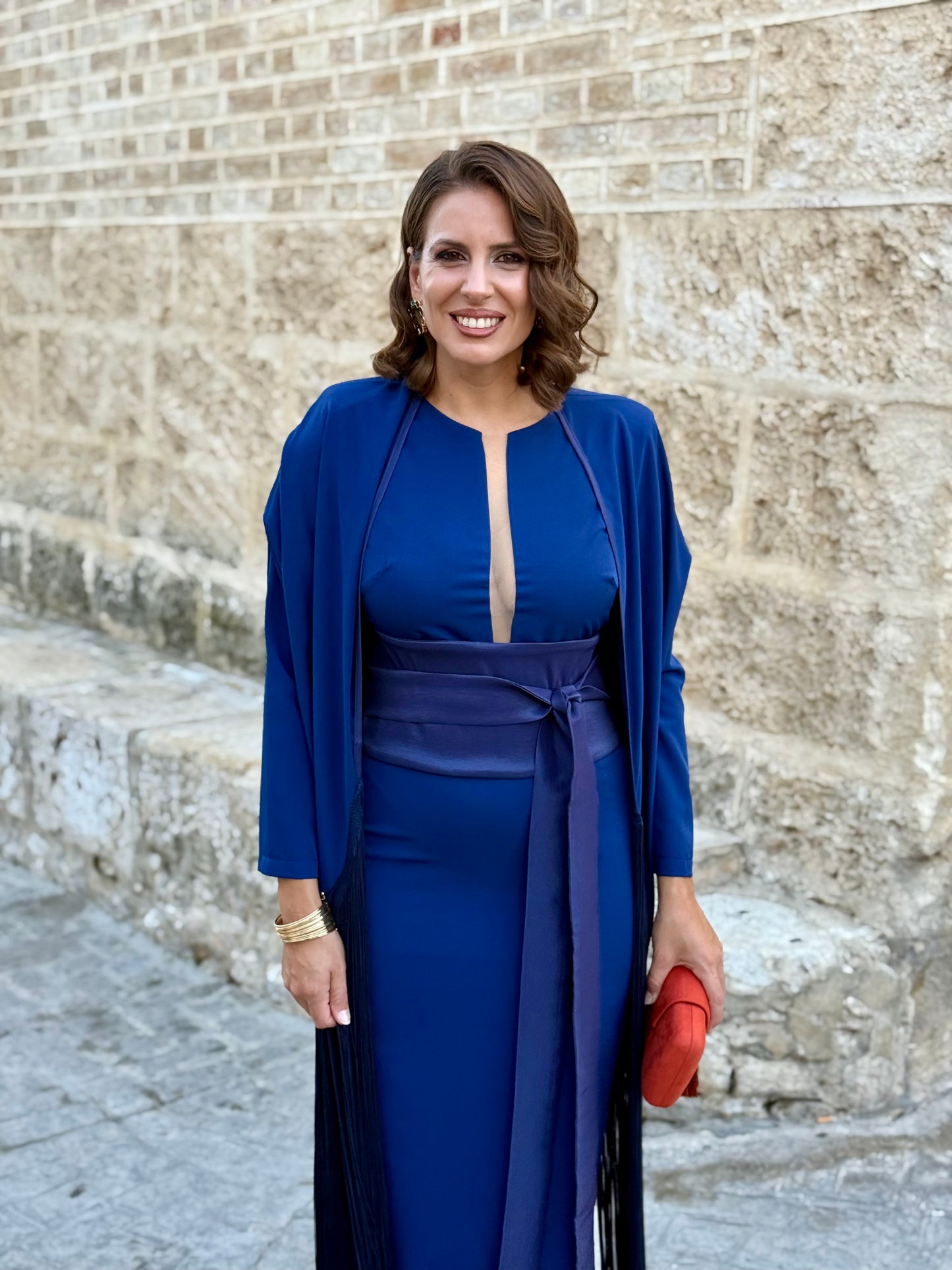 Vestido Andalus Marino con Capa de Flecos