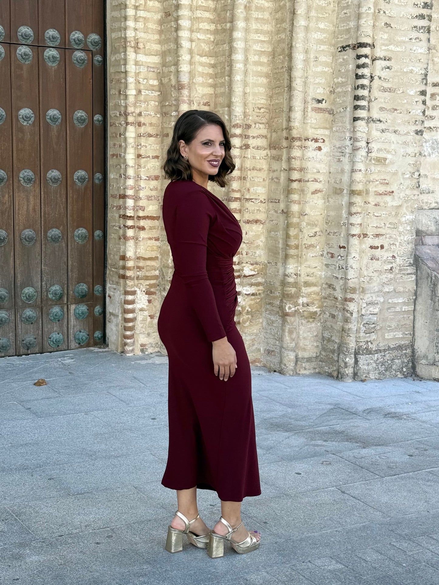Vestido Drapeado Burdeos