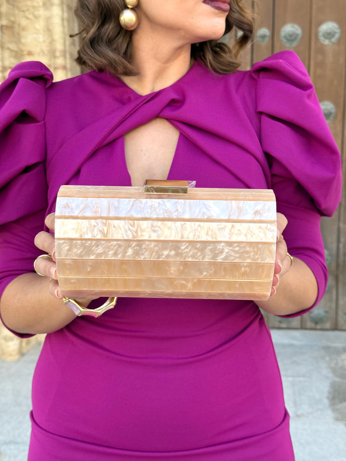 Bolso Clutch Rígido Efecto Mármol Champán