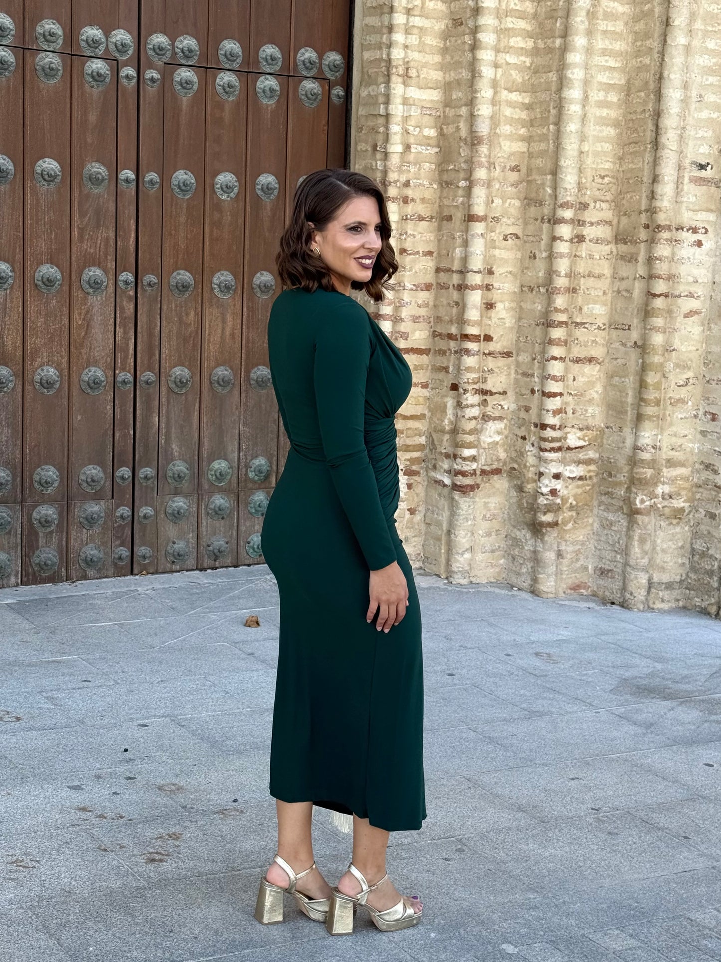 Vestido Drapeado Verde Botella