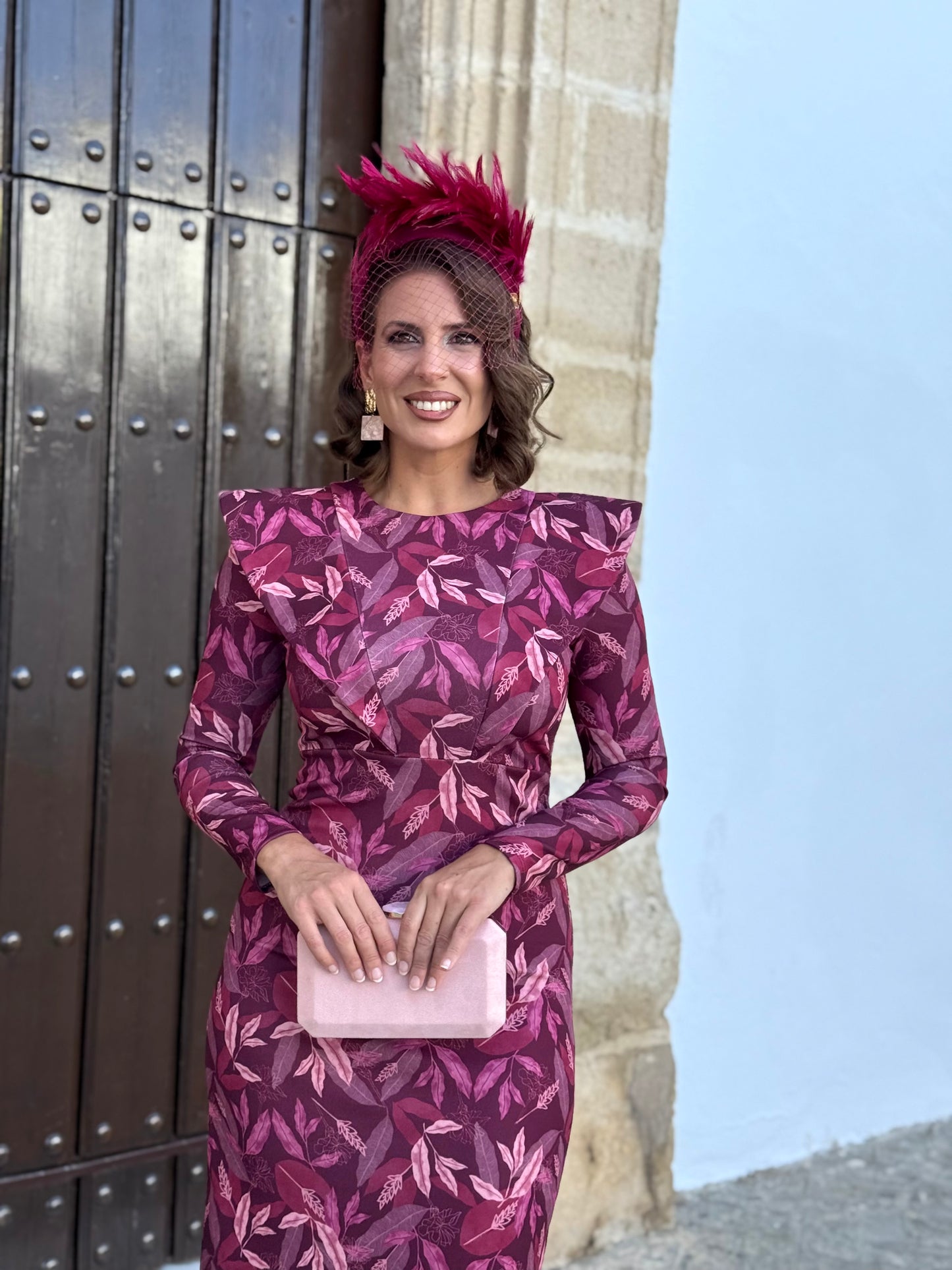 Vestido Midi Burdeos Estampado Hojas
