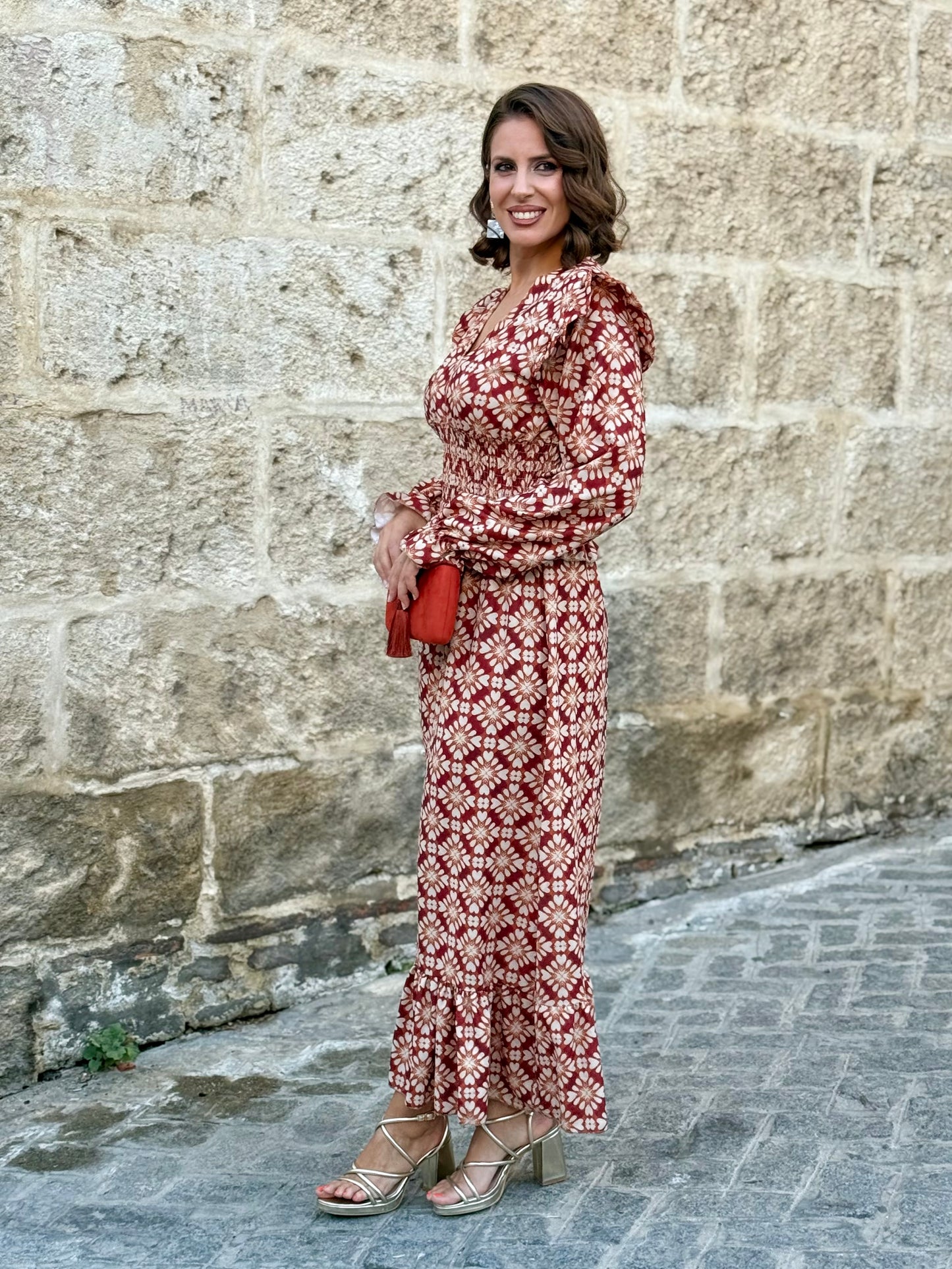 Vestido midi boho teja estampado geométrico