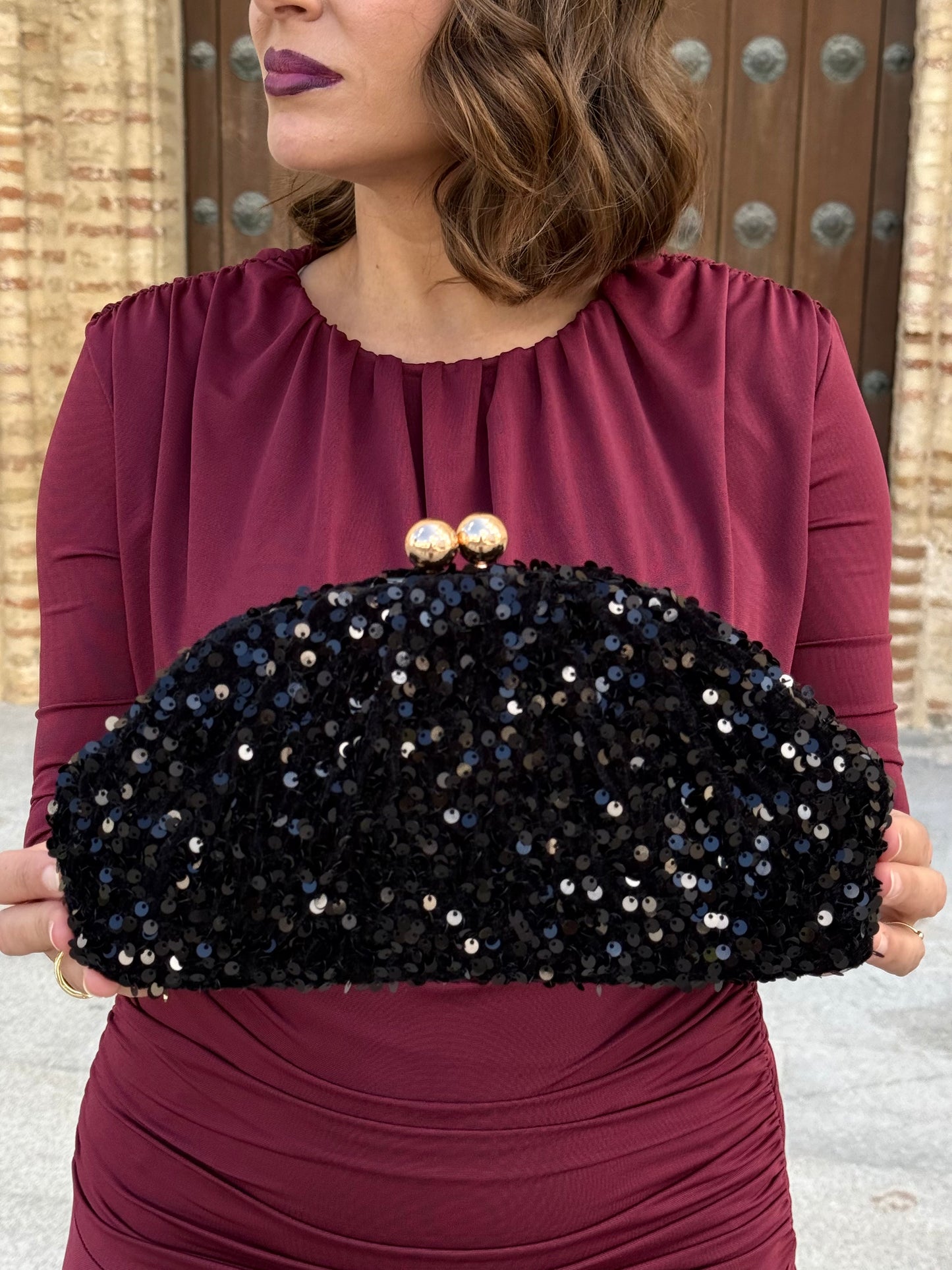 Bolso Clutch de Terciopelo/Lentejuelas Negro