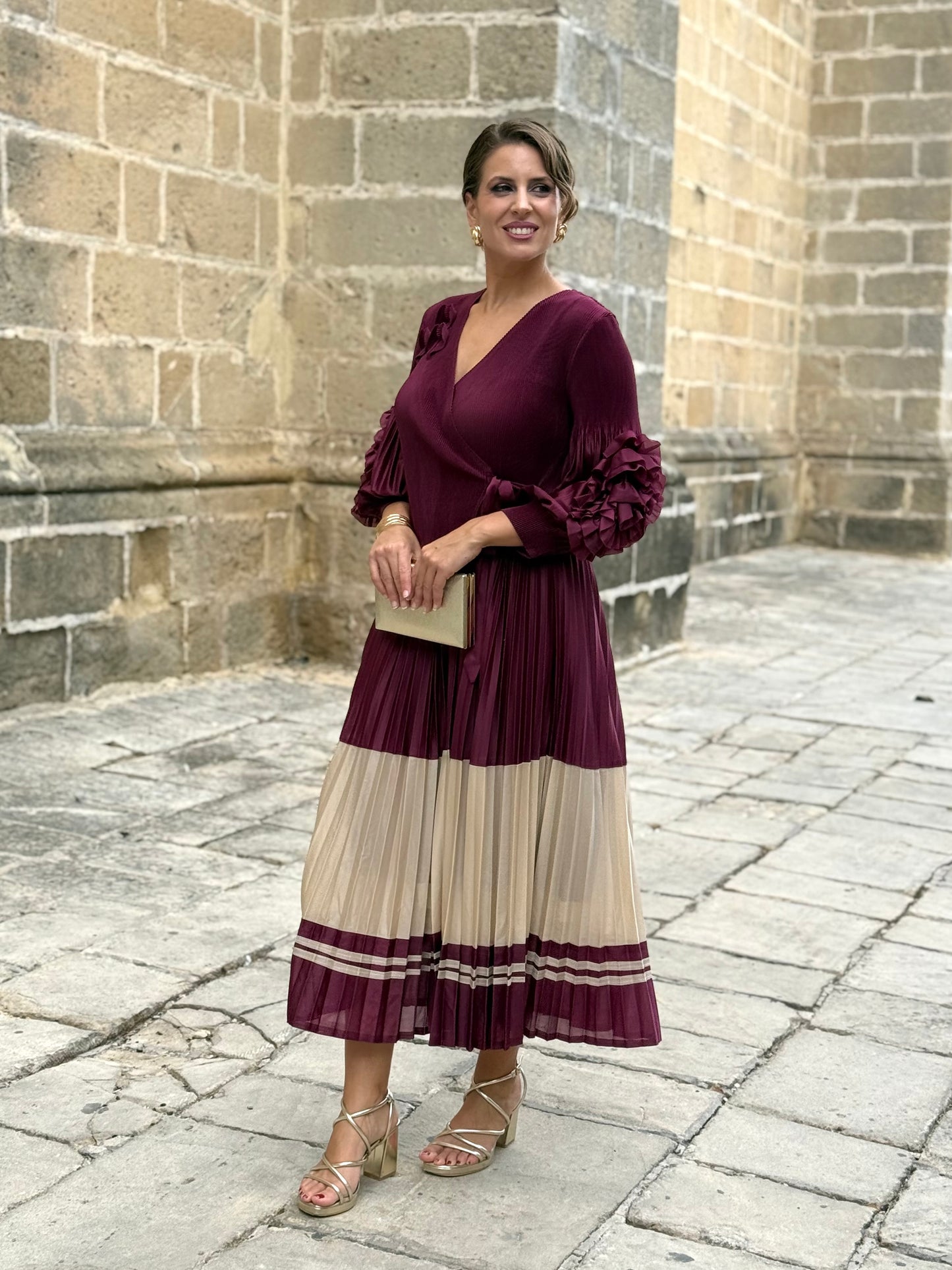 Vestido Adriana Burdeos/Beige