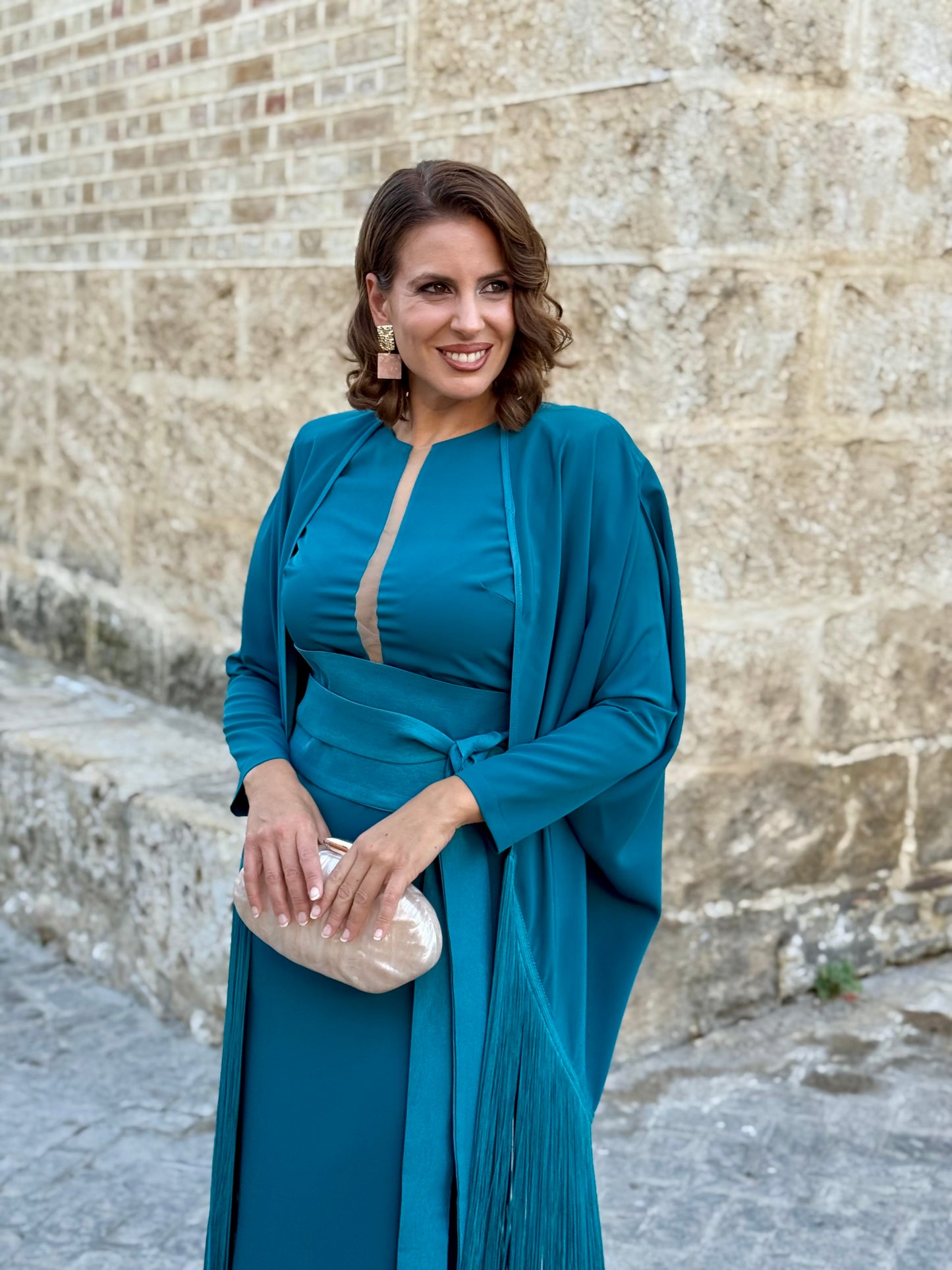 Vestido Andalus Turquesa con Capa de Flecos