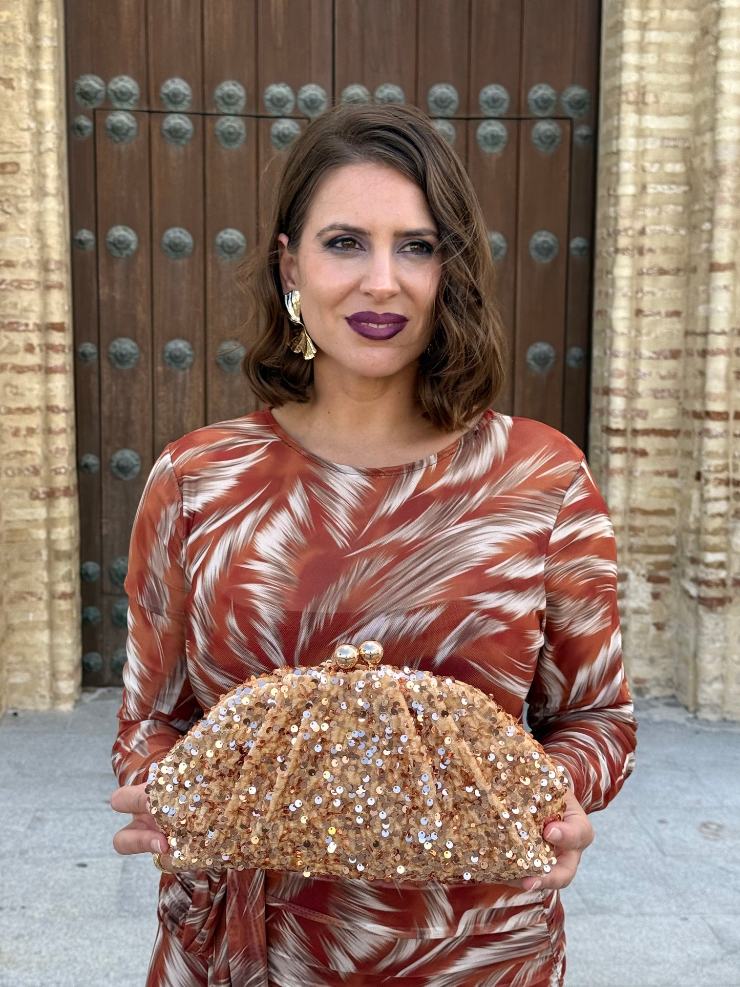 Bolso Clutch de Terciopelo/Lentejuelas Beige/Dorado