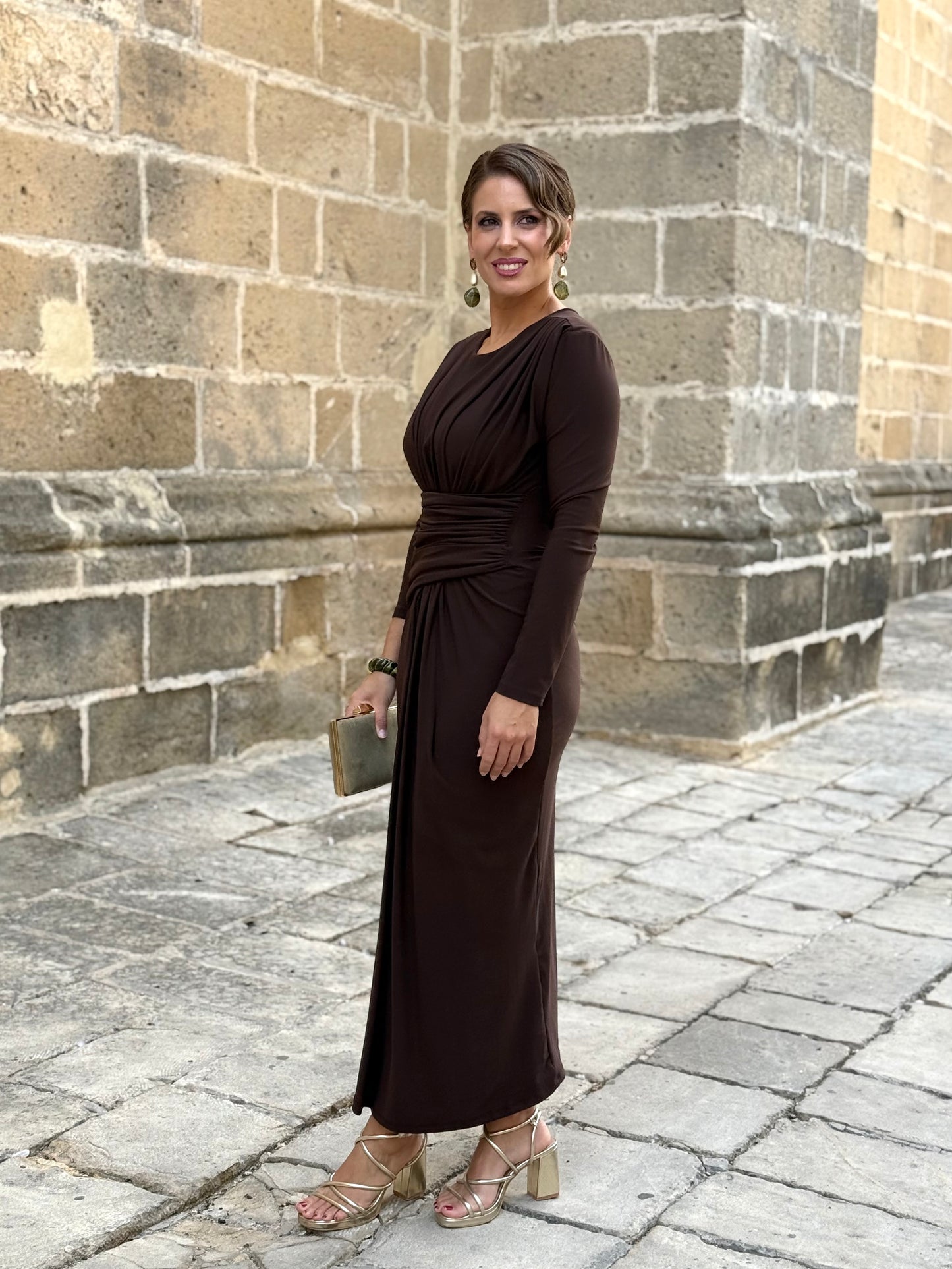 Vestido Marrón Drapeado en la cintura