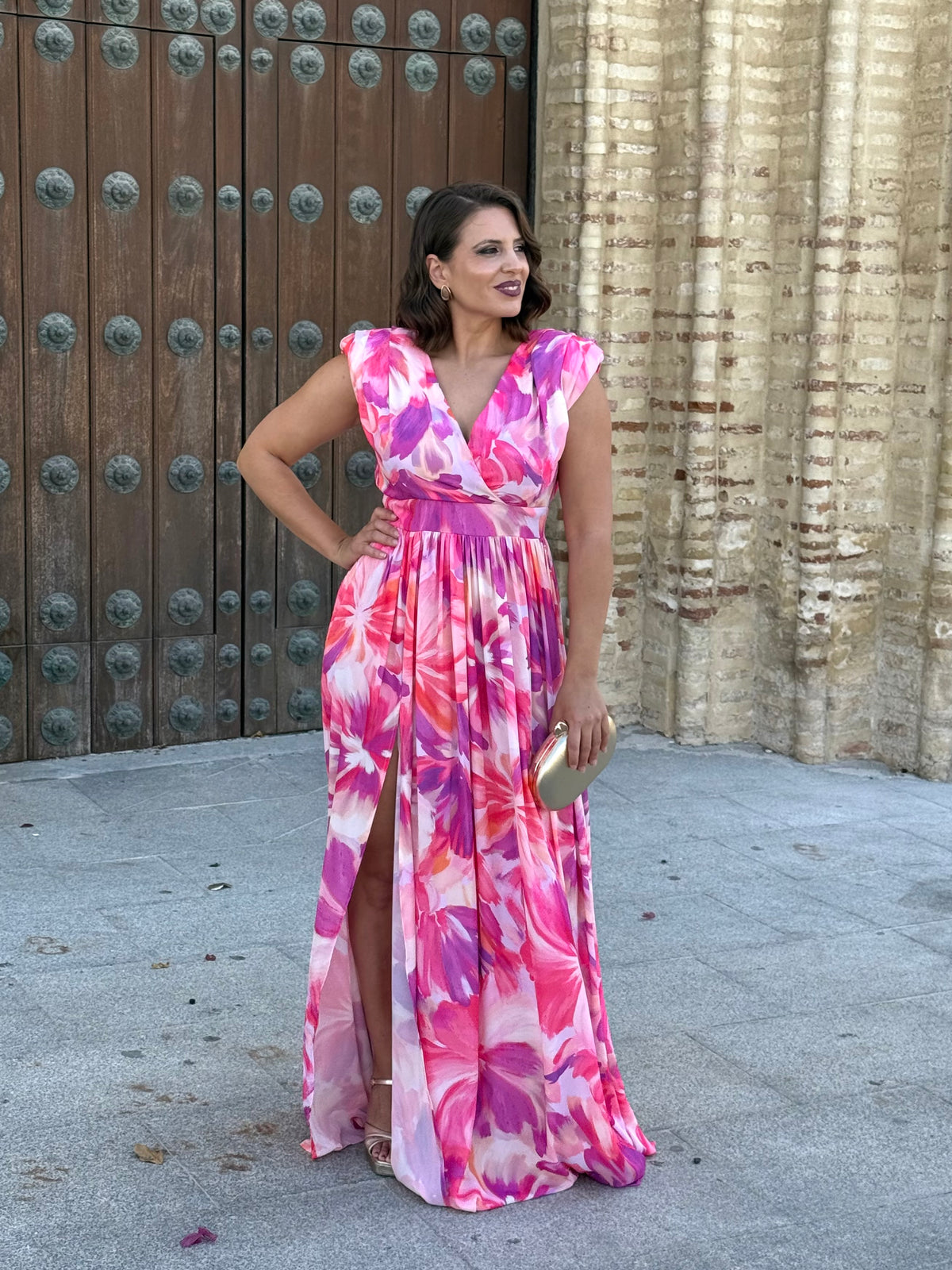 Vestido largo de invitada con escote cruzado Estampado
