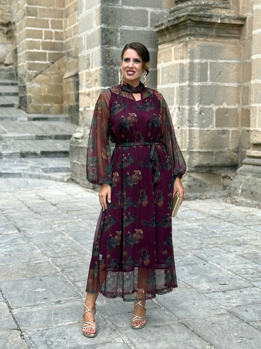 Vestido midi de tul burdeos con estampado floral