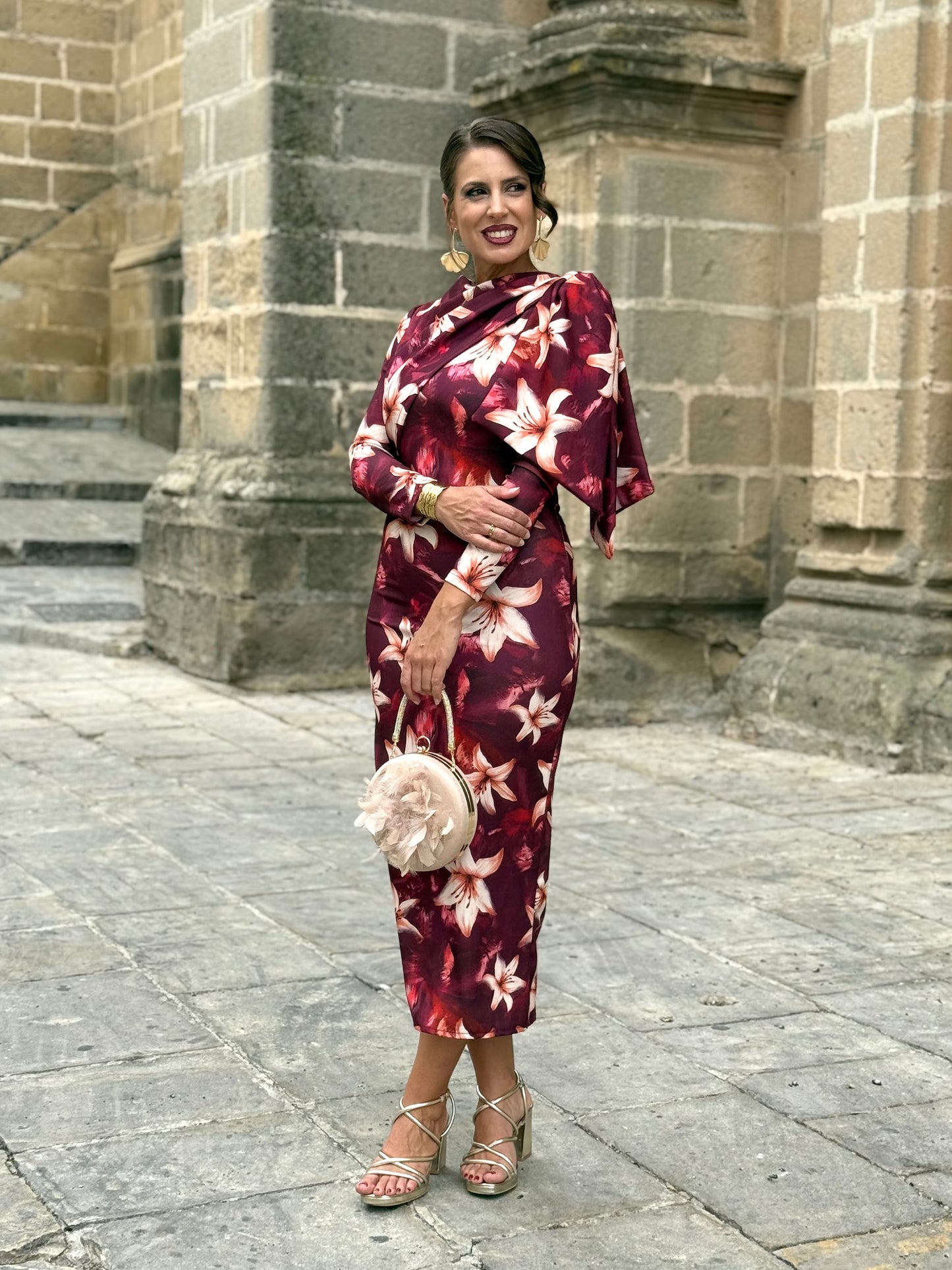 Vestido Midi Floral Burdeos
