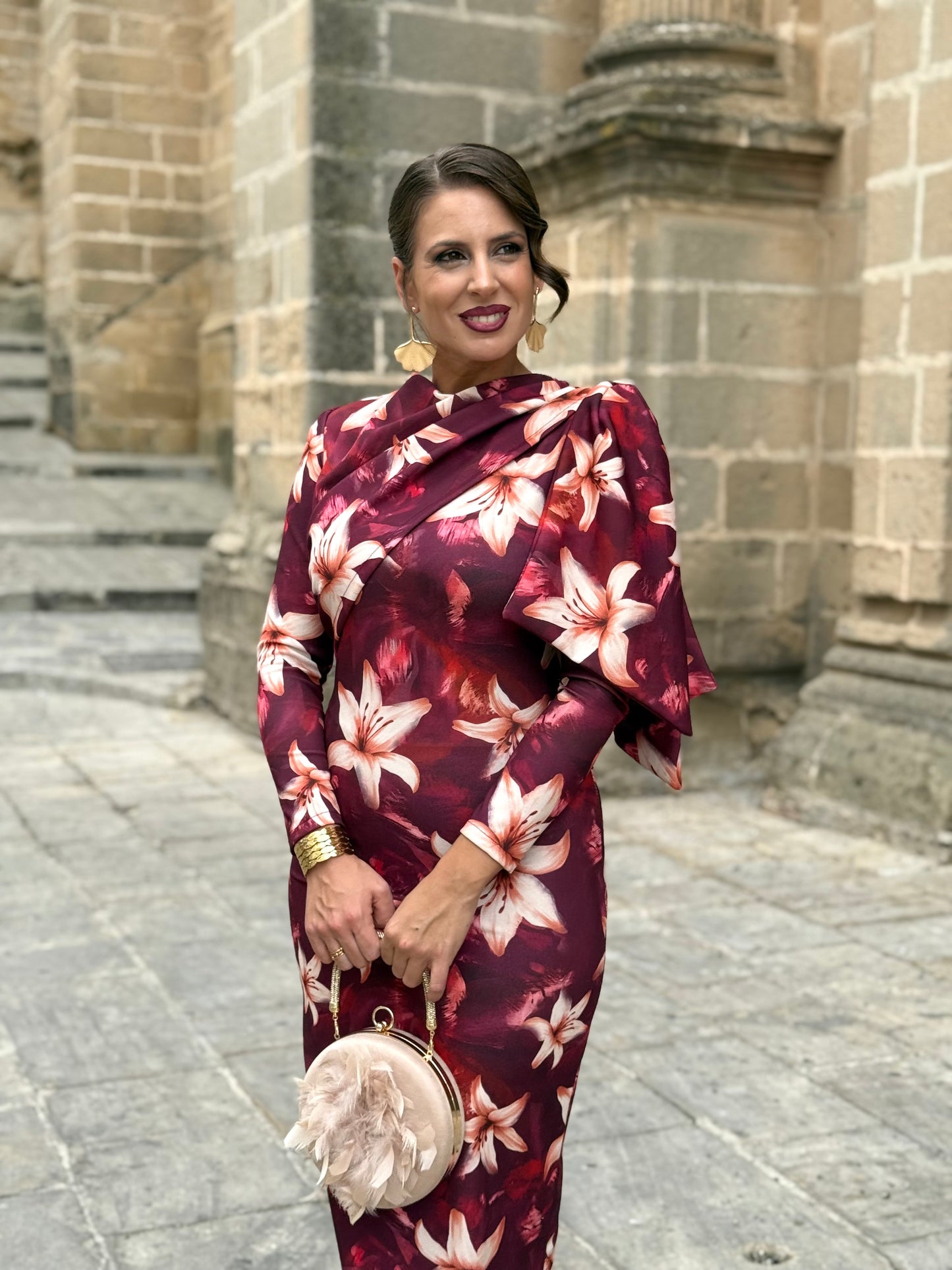 Vestido Midi Floral Burdeos