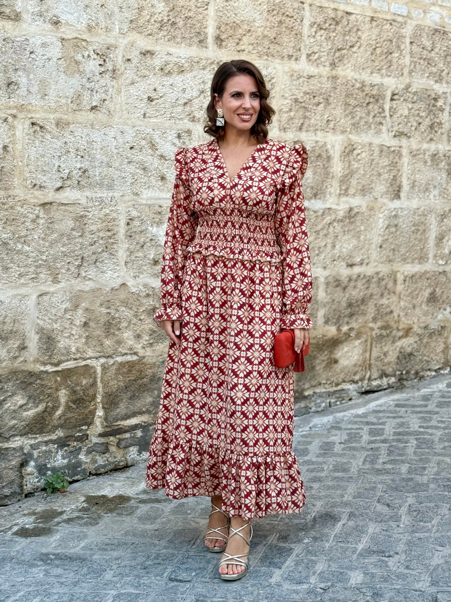 Vestido midi boho teja estampado geométrico