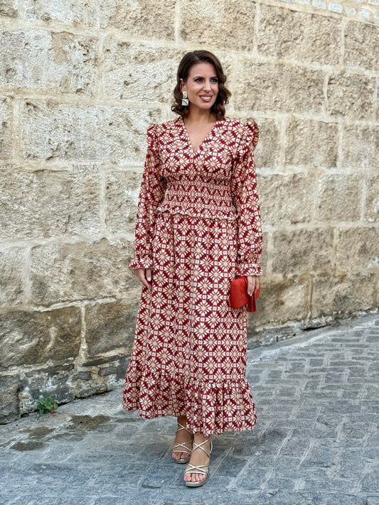 Vestido midi boho teja estampado geométrico