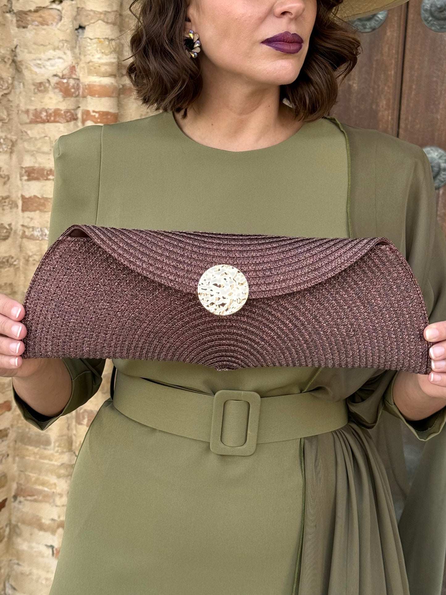 Bolso Clutch de Fiesta Trenzado Marrón