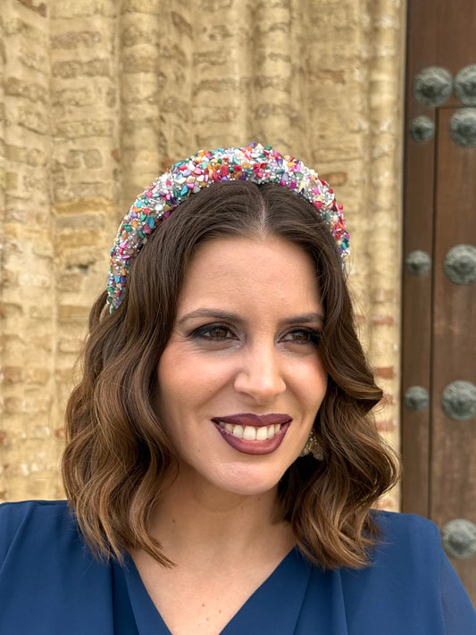 Diadema Iris con pedrería multicolor/Plata