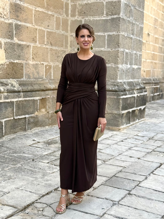 Vestido Marrón Drapeado en la cintura