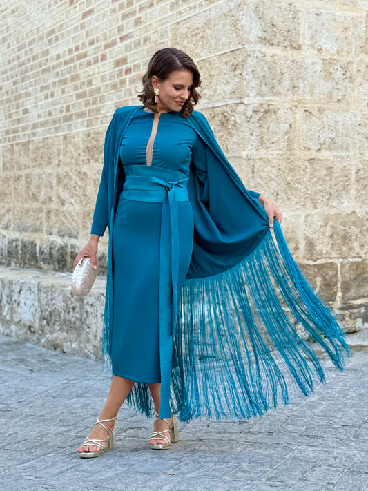 Vestido Andalus Turquesa con Capa de Flecos