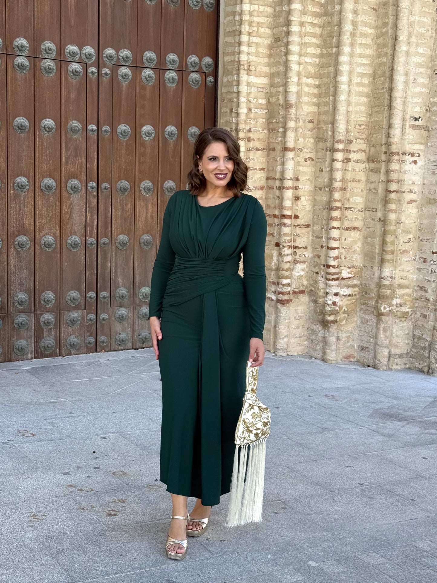 Vestido Drapeado Verde Botella