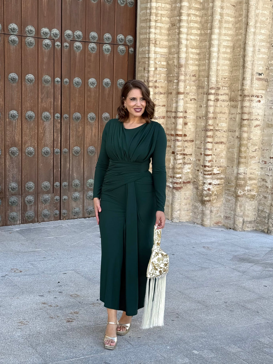 Vestido Drapeado Verde Botella
