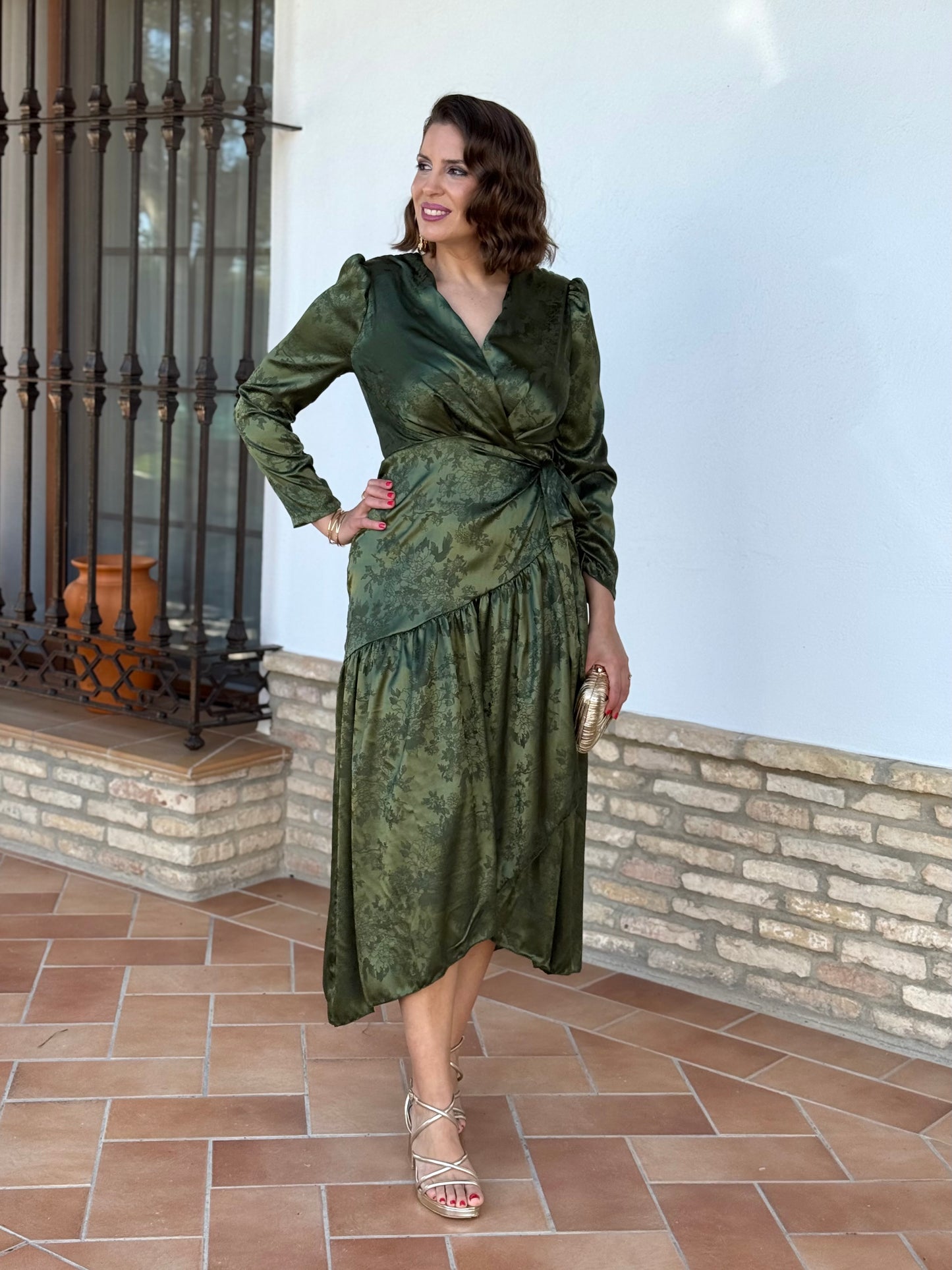Vestido Jacquard Cruzado Verde kaki