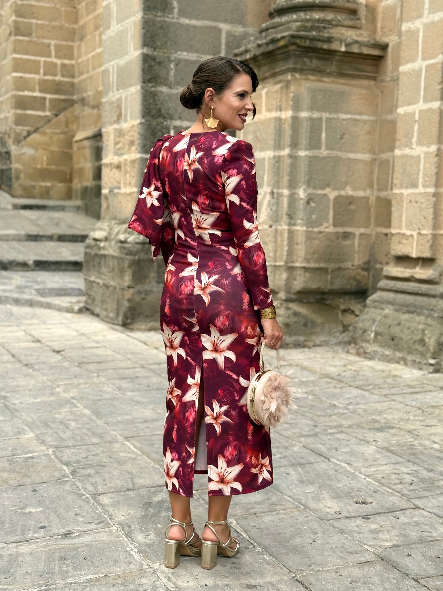 Vestido Midi Floral Burdeos