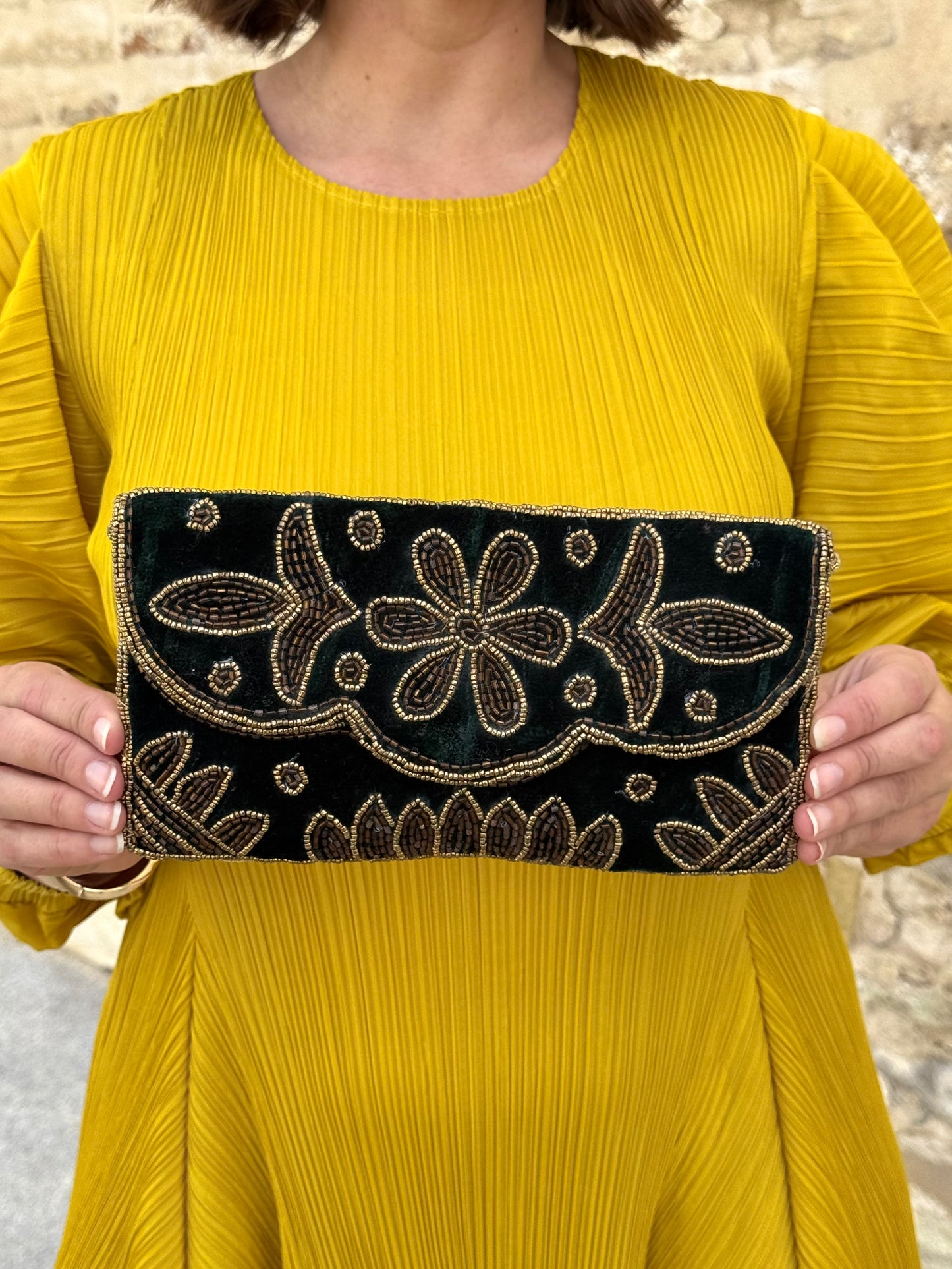 Bolso Clutch Joya Bordado Verde Botella