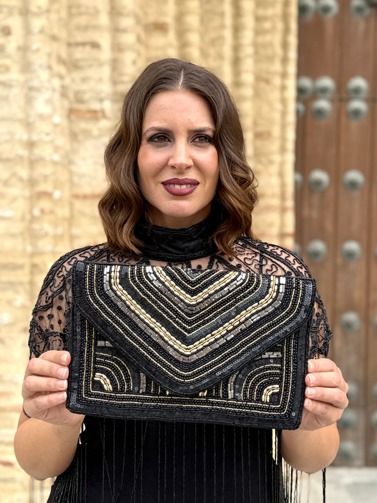 Bolso de fiesta Gala con lentejuelas y abalorios geométricos