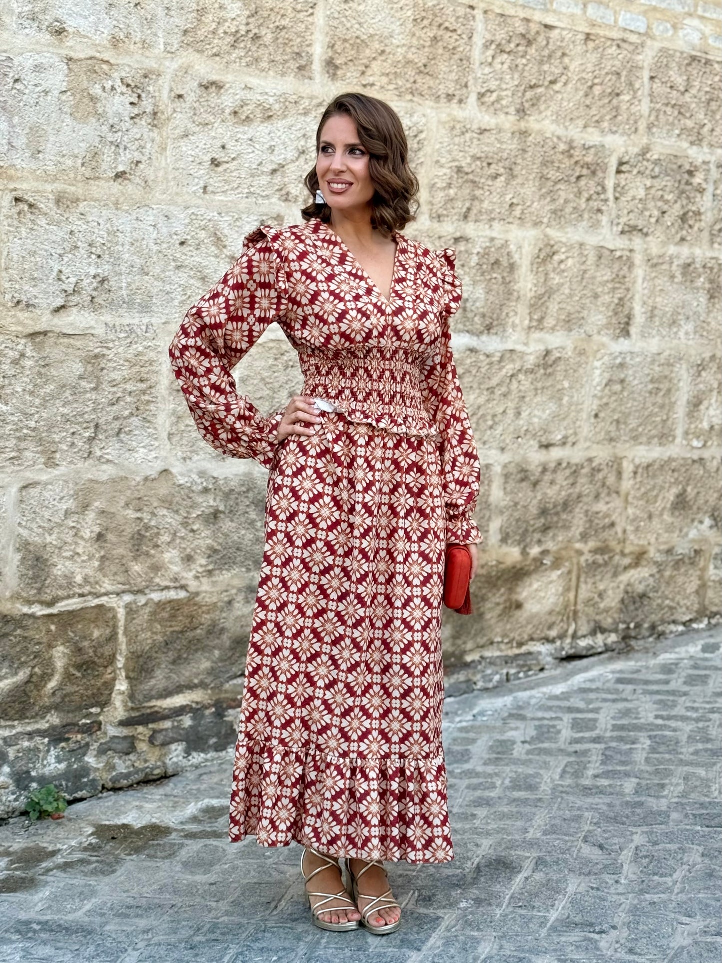 Vestido midi boho teja estampado geométrico