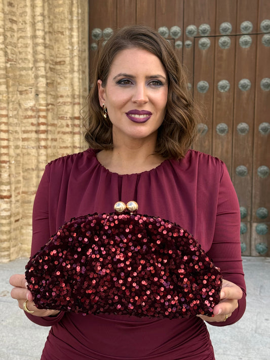 Bolso Clutch de Terciopelo/Lentejuelas Burdeos
