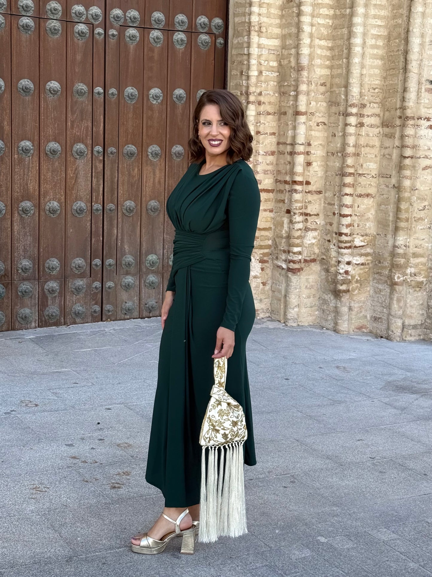 Vestido Drapeado Verde Botella