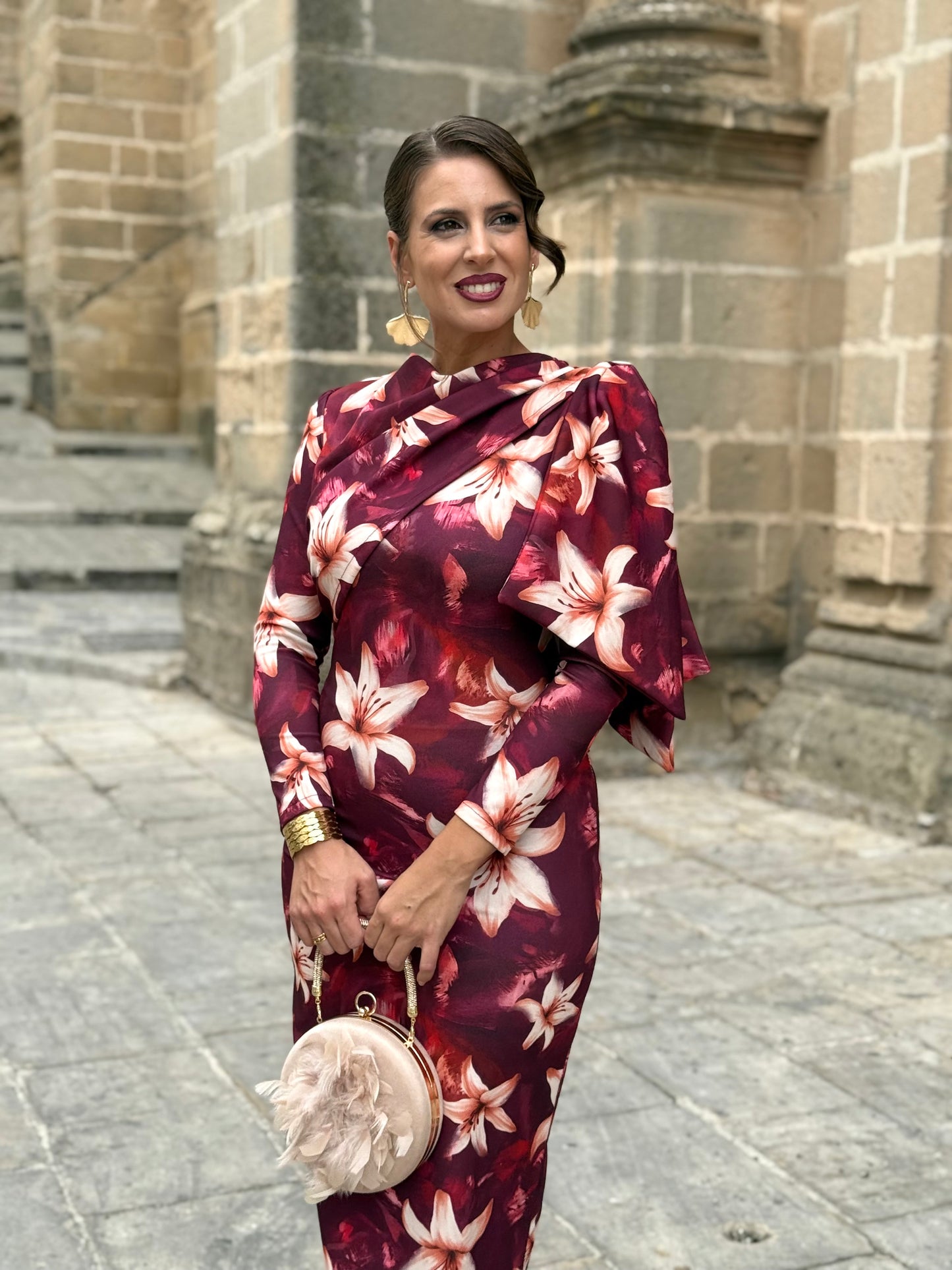 Vestido Midi Floral Burdeos