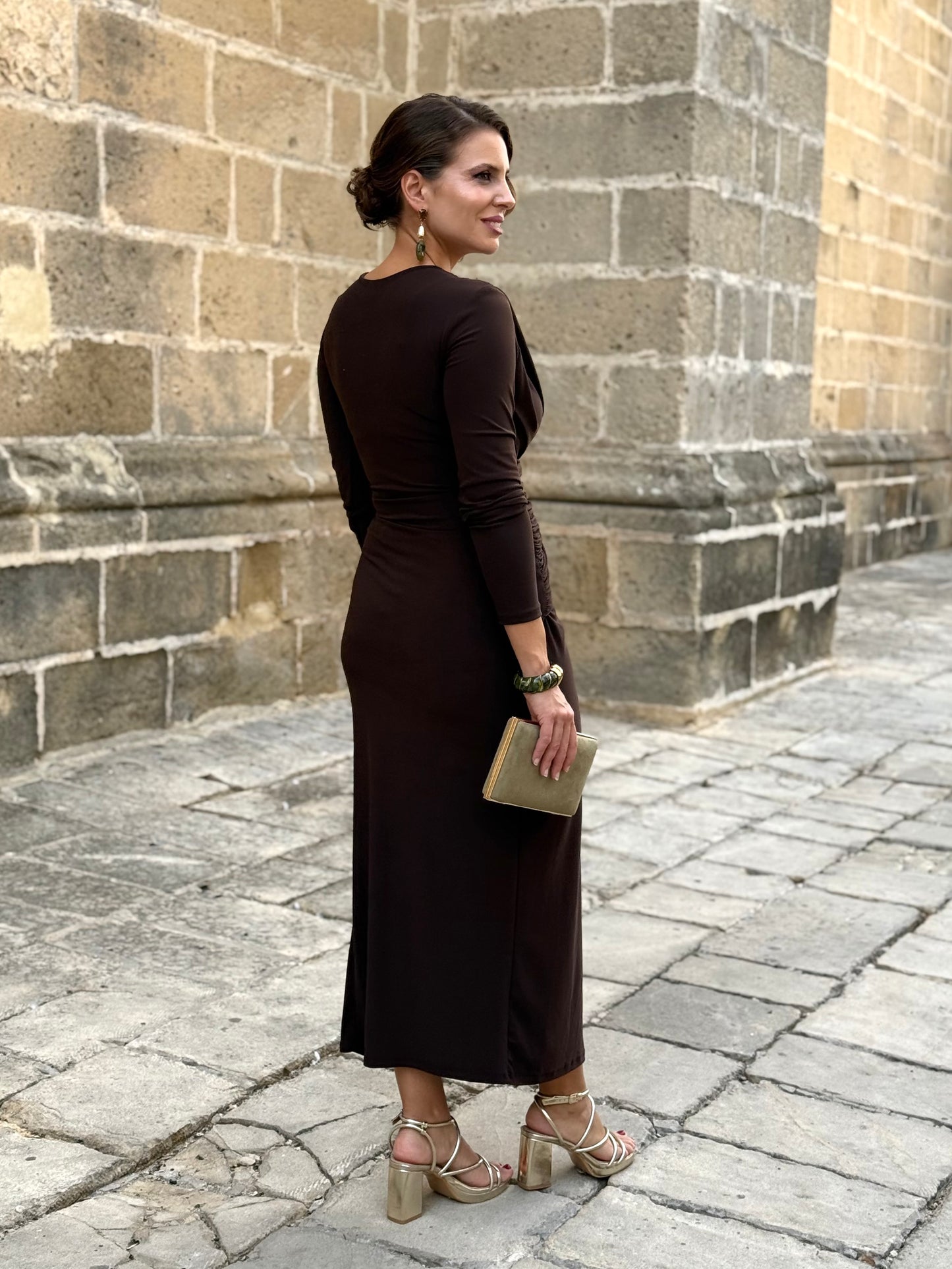 Vestido Marrón Drapeado en la cintura