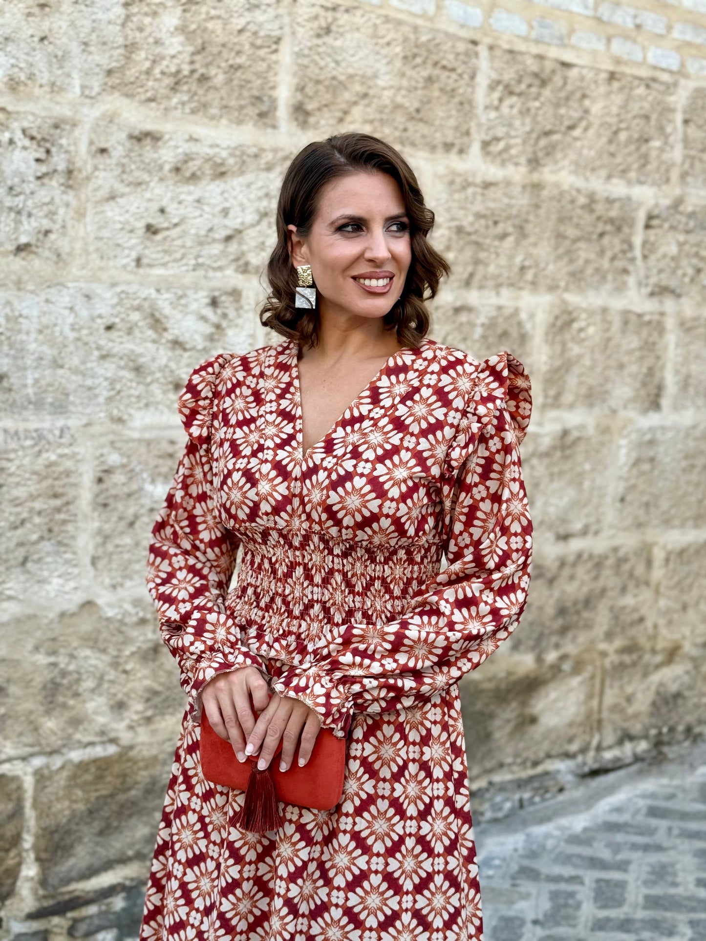 Vestido midi boho teja estampado geométrico