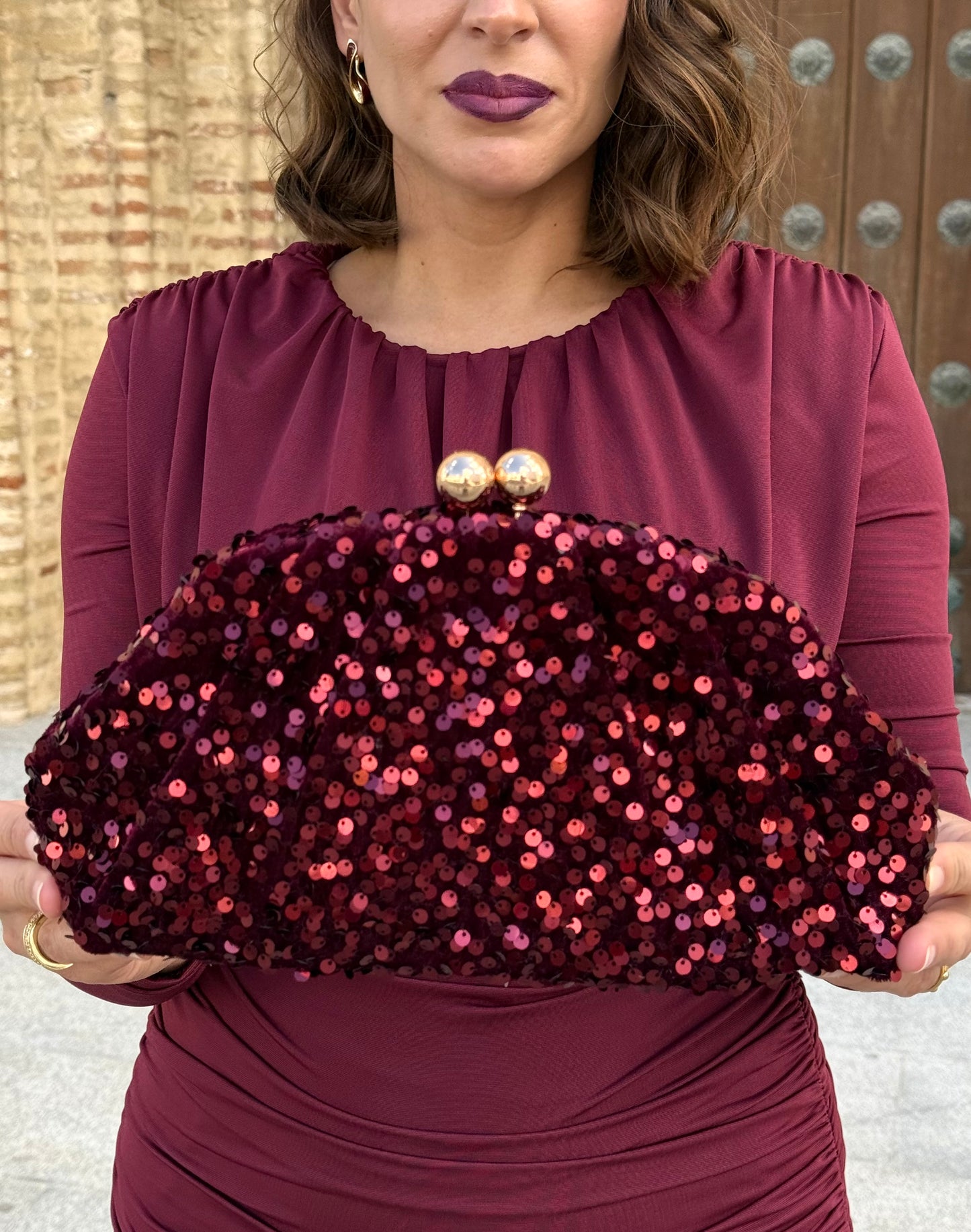 Bolso Clutch de Terciopelo/Lentejuelas Burdeos