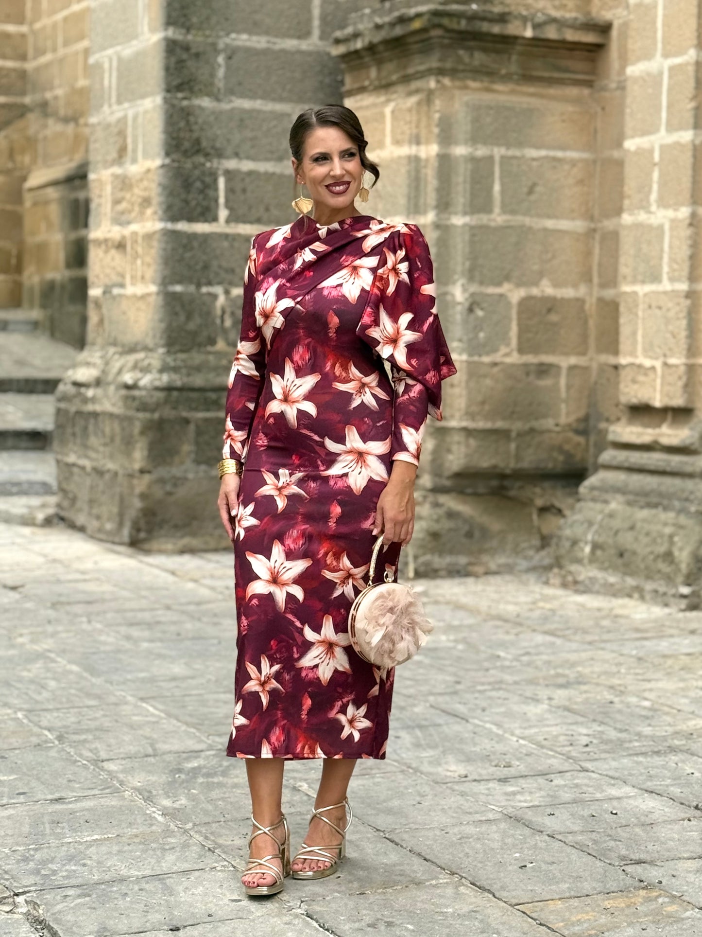 Vestido Midi Floral Burdeos