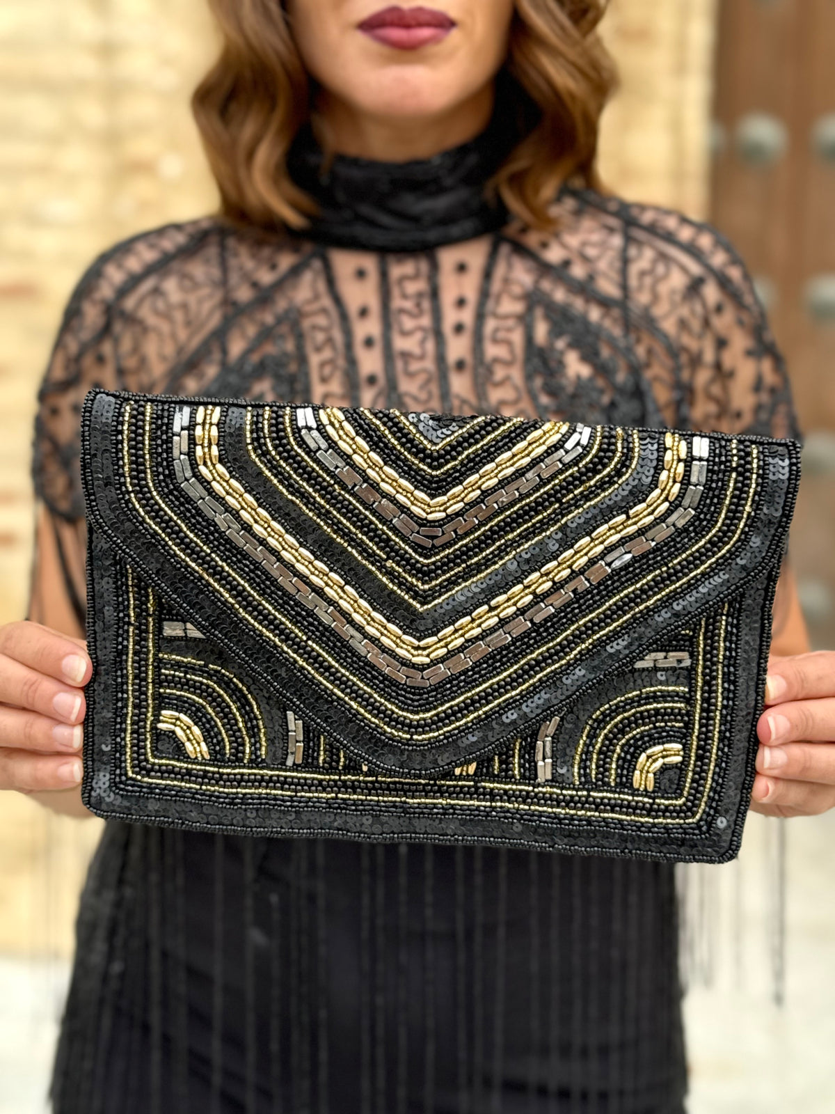 Bolso de fiesta Gala con lentejuelas y abalorios geométricos